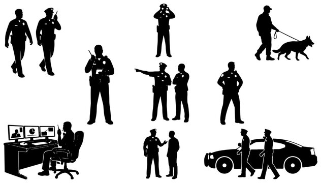 Police Officer Silhouettes Collection: Security, Law Enforcement, and K9 Unit Icons for Public Safety and Justice Themes