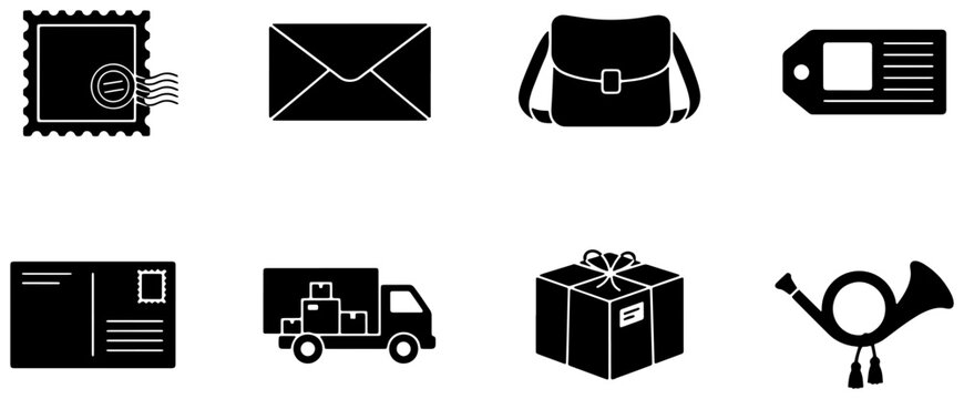 Vector Icons Set: Postage Stamp, Envelope, Messenger Bag, Tag, Postcard, Delivery Truck, Gift Box, Post Horn, Shipping and Delivery Services