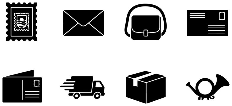 Postal Service Icons: Stamp, Envelope, Mailbag, Postcard, Delivery Truck, Package, Post Horn Vector Set