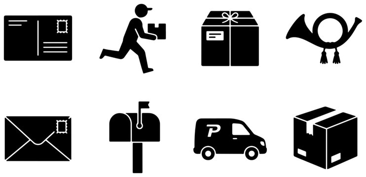 Delivery Service Icons: Mailbox, Postman, Package, Envelope, Van, Horn, Postcard, Box | Logistics & Shipping Vector Graphics