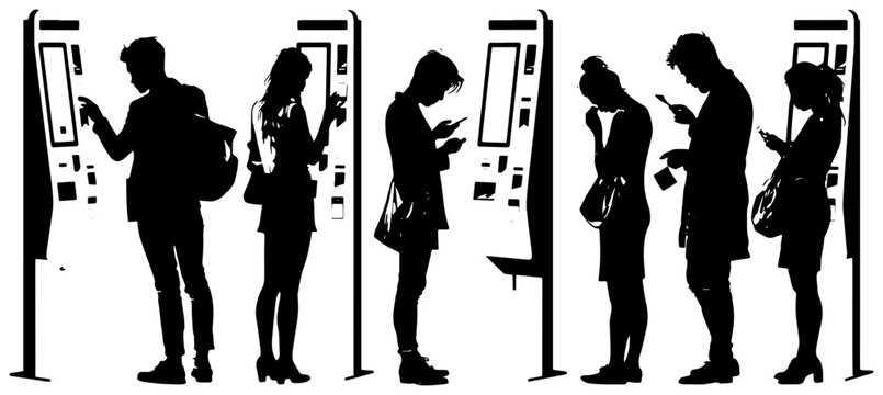 Diverse People Queueing at Interactive Kiosks, Digital Terminals, Self-Service Stations, Modern Technology Use, Public Service Access