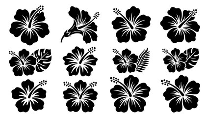 Fototapeta premium Floral Silhouettes Set in Black and White Minimalist Style. Vector Botanical Ico