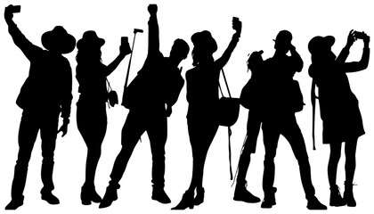 Fototapeta premium Diverse Group Selfie Silhouette Vector, Friends Capturing Memories, Travel Photography, Modern Lifestyle Collection