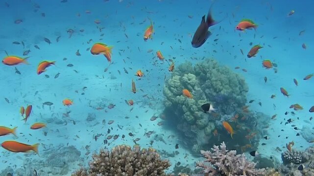 Bright orange Anthias fish swim around a large coral formation in clear blue water during a sunny day.