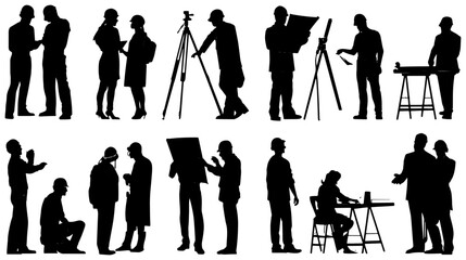 Naklejka premium Architectural Design Professionals, 15 Silhouette Icons Set: Architects, Engineers, Draftsmen, and Planners at Work, Blueprint and Easel Graphics