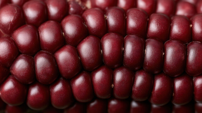 Extreme closeup of dark burgundy corn kernels tightly arranged in rows showing glossy surface and rich natural texture