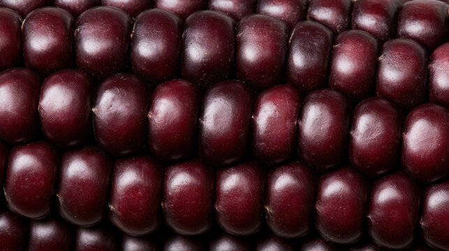 Extreme macro texture of tightly packed dark purple corn kernels on a cob