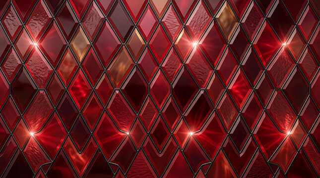 Abstract dark red diamond pattern with glowing light reflections and geometric shapes