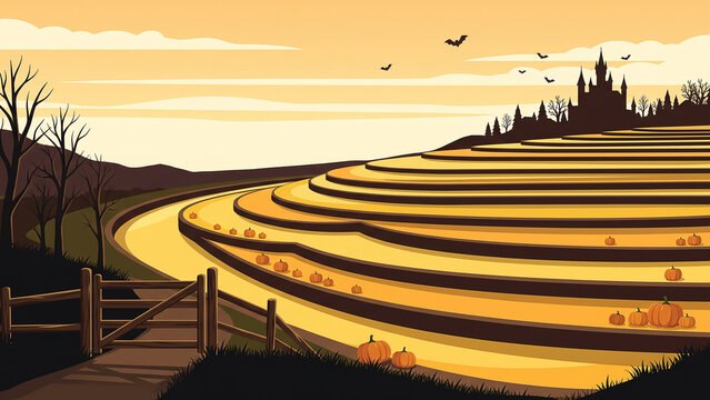Golden sunset over terraced pumpkin field with winding rows and autumn harvest landscape