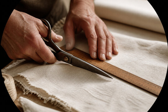 Close-up of skilled hands cutting natural fabric with metal scissors and a wooden ruler in a warm artisan workshop setting.