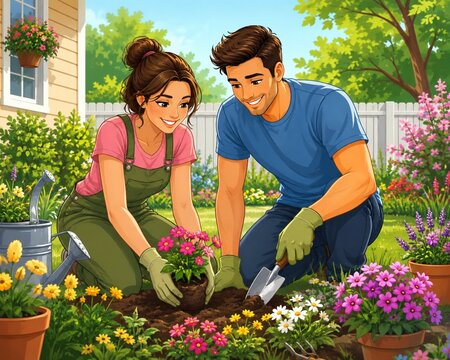 Couple Planting Flowers