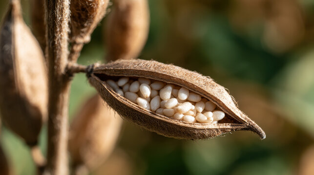 Open mature sesame seed capsule filled with white seeds in warm sunlight