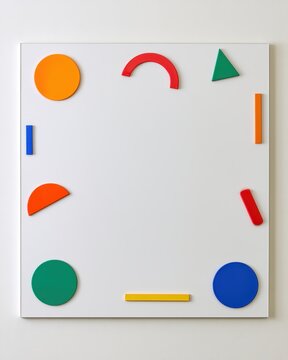 Abstract geometric wall art grid with colorful circles semicircles triangles and bars on a white panel for contemporary interior design, modern decor and background use