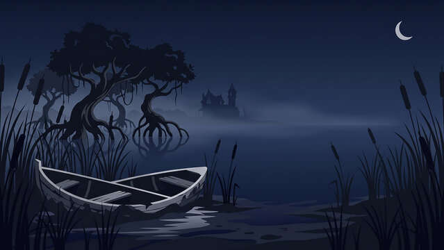 Haunting Halloween canoe journey through misty swamp at night under eerie moonlight