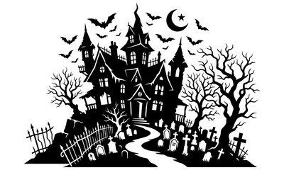 Naklejka premium Spooky Halloween Haunted House Silhouette with Graveyard Flying Bats Crescent Moon and Dead Trees Vector Illustration