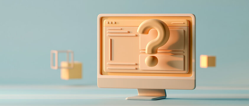 パステルカラーの柔らかいテイストのPCと質問アイコンの3D