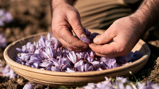 Farmer carefully separating red saffron stigmas from freshly picked purple crocus flowers in a rustic bowl