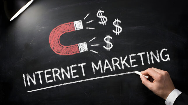 Hand drawing magnet and internet marketing text on chalkboard for business lead generation