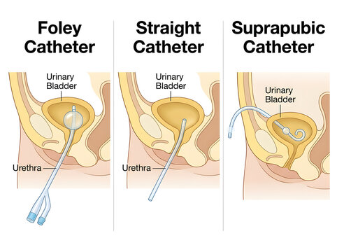 Medical illustration of foley, straight, and suprapubic catheters in the urinary bladder isolated on white background