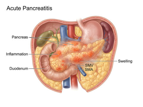 Acute pancreatitis medical illustration showing inflammation and swelling isolated on white background