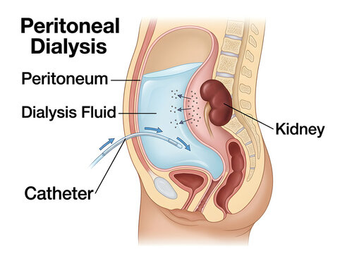 Peritoneal dialysis process with catheter and kidney illustration isolated on white background