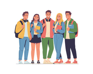 Obraz premium College students group vector illustration - university teen classmates with backpacks, school education graphic element
