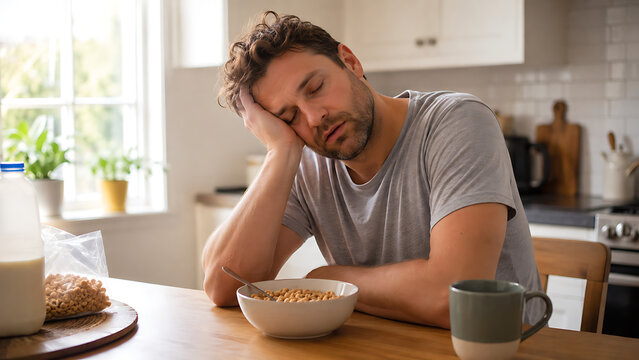 Tired exhausted man sleeping at kitchen table during breakfast with bowl of cereal and coffee mug feeling sleepy burnout early morning fatigue in cozy home interior