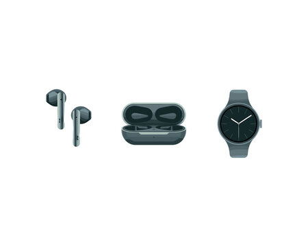 Wireless earbuds and smartwatch vector icon set - bluetooth headphones with charging case, wearable device graphics
