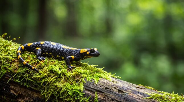 Salamandra salamandra fire salamander on moss-covered fallen log