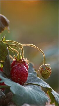 Vertical video of dreamy mood strawberry field shows organic farming and organic strawberries with red berries and ripe strawberry fruits as delicious snacks and healthy snacks in evening sunset.