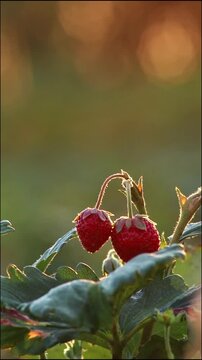 Vertical video of dreamy mood strawberry field shows organic farming and organic strawberries with red berries and ripe strawberry fruits as delicious snacks and healthy snacks in evening sunset.