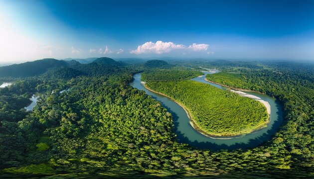 aerial view of serene waters winding through a vibrant tapestry of emerald forests creating a breathtaking contrast under the clear sky rangamati chittagong division bangladesh