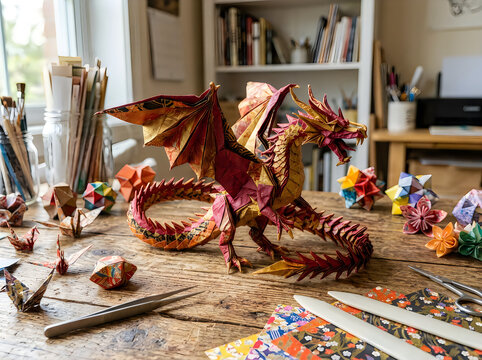 Origami dragon sculpture on a wooden desk in a craft room