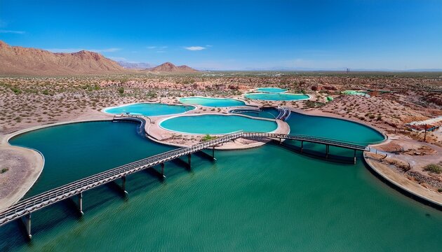 aerial view of turquoise waters swirling within circular ponds connected by a slender bridge creating a striking geometric pattern against the arid landscape phoenix arizona united states