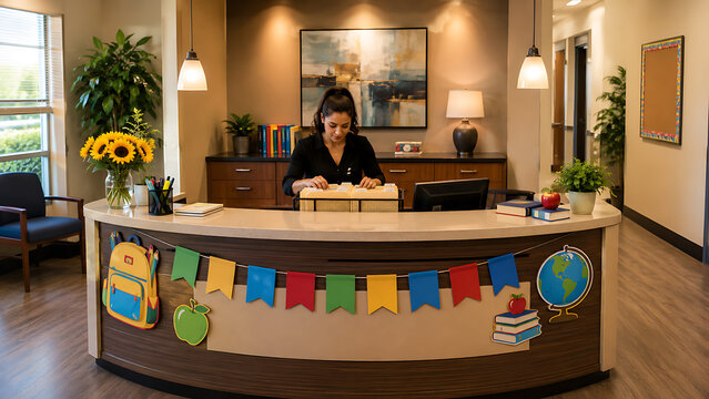 female receptionist working at school reception desk organizing files in modern office hall with back to school decorations sunflowers and books