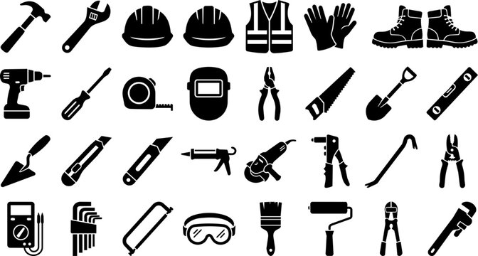 Construction tools icon set, black industrial work equipment vectors, repair and building hardware signs isolated on White Background