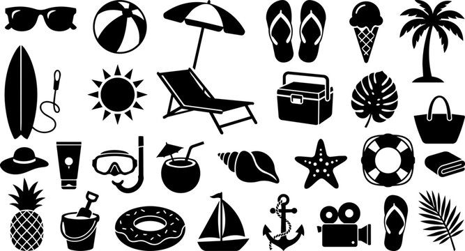 Summer beach icon set, tropical vacation vector elements, black silhouette holiday symbols for travel design isolated on White Background