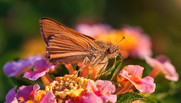 long tailed skipper butterfly on lantana flowers in florida nature