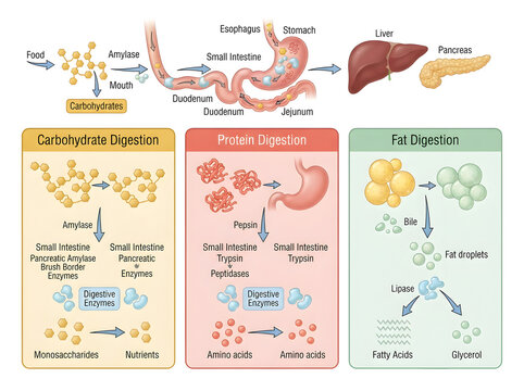 Human digestive system diagram showing carbohydrate protein and fat digestion isolated on white background
