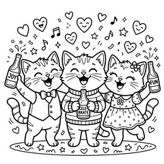 Fototapeta premium Cute Cats Celebrating Party Illustration with Drinks and Confetti Line Art