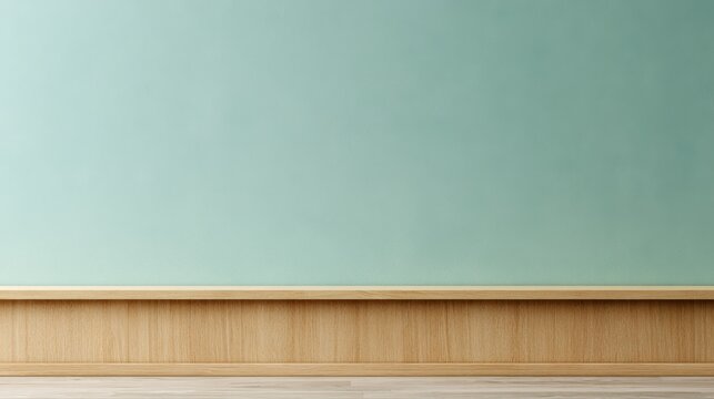 Mint green wall wooden ledge background for interior design mockup, product staging, poster and website background