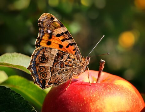 polygonia butterfly on apple in the garden closeup