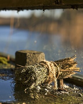 Tied diy dried herb bundles undercut with a dusty attic beam near hook block plinth