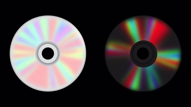 Animation of two reflective DVD discs with colorful light reflections and alpha channel, isolated for media, technology, storage and retro digital projects