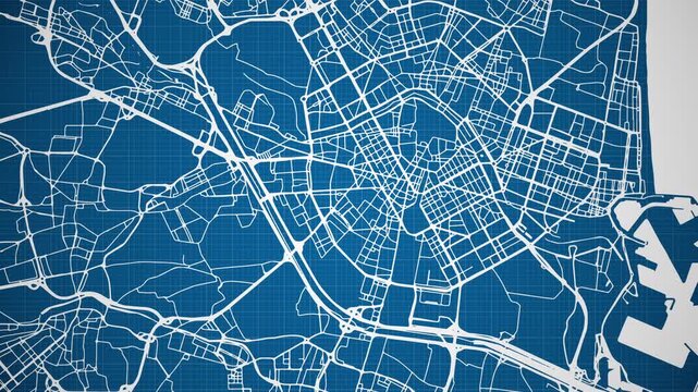 Ink reveal animation of Valencia (Val&egrave;ncia) city, Spain (Espa&ntilde;a), grid map. Aerial top view. Blueprint style. White lines with blue background. 4K Seamless loop.