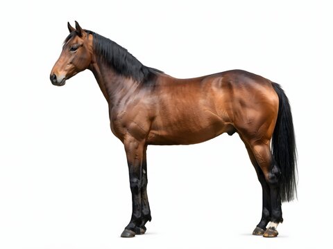 Brown horse standing in profile with elegant posture against white background for commercial use