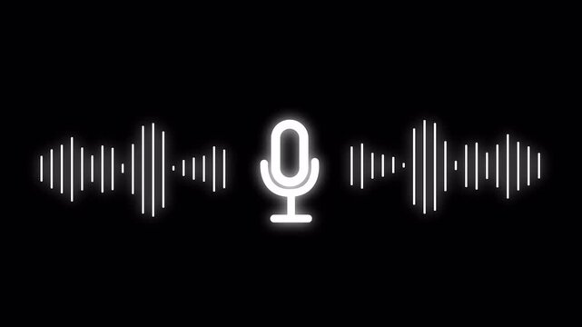 Animation of glowing microphone icon with dynamic audio waveform and alpha channel, isolated for podcast, voice recording, sound and music projects