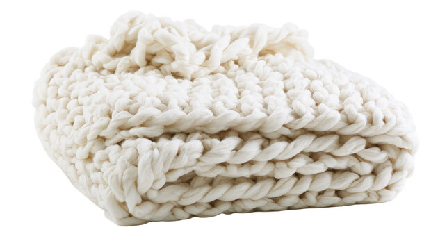 White chunky knit wool blanket isolated on transparent background as png file for professional design projects