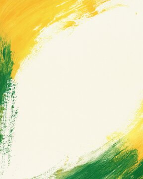 Yellow and green paint brush stroke background on textured cream paper for greeting card, poster, social media design and art layout use