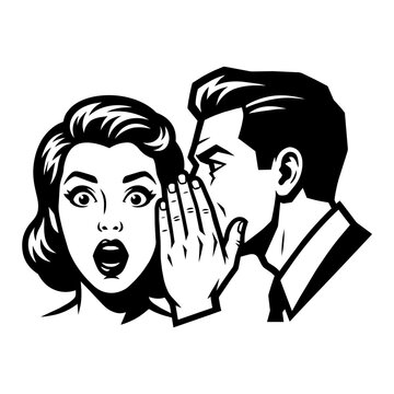 Retro Couple Man and Woman Whispering Gossiping Scene Black and White Vintage Vector Illustration